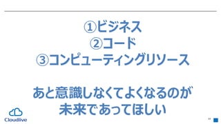 24
①ビジネス
②コード
③コンピューティングリソース
あと意識しなくてよくなるのが
未来であってほしい
 