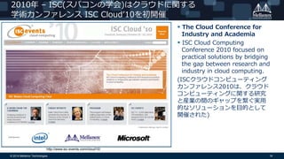 © 2014 Mellanox Technologies 18
2010年 – ISC(スパコンの学会)はクラウドに関する
学術カンファレンス ISC Cloud’10を初開催
 The Cloud Conference for
Industry and Academia
 ISC Cloud Computing
Conference 2010 focused on
practical solutions by bridging
the gap between research and
industry in cloud computing.
(ISCクラウドコンピューティング
カンファレンス2010は、クラウド
コンピューティングに関する研究
と産業の間のギャップを繋ぐ実用
的なソリューションを目的として
開催された)
http://www.isc-events.com/cloud10/
 