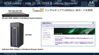 © 2014 Mellanox Technologies 27
SC14 Update – June 22-26, 2014 @ Leipzig, Gernamy
36-port EDR 100Gb/s InfiniBand Switch Systems
648-Port EDR 100Gb/s InfiniBand Director Switch
SB7700/SB7790
CS7500
シングルチップで100Gb/s 36ポートを実現
 