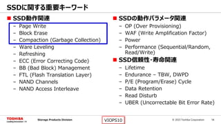 © 2015 Toshiba Corporation 14Storage Products Division VIOPS10
 SSD動作関連
– Page Write
– Block Erase
– Compaction (Garbage Collection)
– Ware Leveling
– Refreshing
– ECC (Error Correcting Code)
– BB (Bad Block) Management
– FTL (Flash Translation Layer)
– NAND Channels
– NAND Access Interleave
 SSDの動作パラメータ関連
– OP (Over Provisioning)
– WAF (Write Amplification Factor)
– Power
– Performance (Sequential/Random,
Read/Write)
 SSD信頼性・寿命関連
– Lifetime
– Endurance – TBW, DWPD
– P/E (Program/Erase) Cycle
– Data Retention
– Read Disturb
– UBER (Uncorrectable Bit Error Rate)
SSDに関する重要キーワード
 