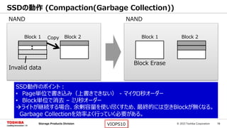 © 2015 Toshiba Corporation 19Storage Products Division VIOPS10
SSDの動作 (Compaction(Garbage Collection))
Block 1 Block 2
NAND
Block 1 Block 2
Block Erase
NAND
Copy
Invalid data
SSD動作のポイント：
• Page単位で書き込み（上書きできない） - マイクロ秒オーダー
• Block単位で消去 – ミリ秒オーダー
ライトが継続する場合、余剰容量を使い尽くすため、最終的には空きBlockが無くなる。
Garbage Collectionを効率よく行っていく必要がある。
 