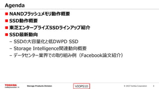© 2015 Toshiba Corporation 3Storage Products Division VIOPS10
 NANDフラッシュメモリ動作概要
 SSD動作概要
 東芝エンタープライズSSDラインアップ紹介
 SSD最新動向
– SSDの大容量化と低DWPD SSD
– Storage Intelligence関連動向概要
– データセンター業界での取り組み例（Facebook論文紹介）
Agenda
 