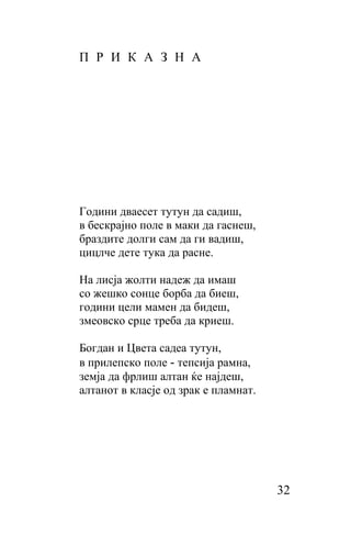 П Р И К А З Н А




Години дваесет тутун да садиш,
в бескрајно поле в маки дa гаснеш,
браздите долги сам да ги вадиш,
цицлче дете тука да расне.

Ha лисја жолти надеж да имаш
со жешко сонце борба да биеш,
години цели мамен да бидеш,
змеовско срце треба да криеш.

Богдан и Цвета садеа тутун,
в прилепско полe - тепсија рамна,
земја да фрлиш алтан ќе најдеш,
алтанот в класје од зрак е пламнат.




                                      32
 
