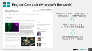 Project Catapult (Microsoft Research)
26http://research.microsoft.com/en-us/projects/catapult/
AlteraのFPGAを用いてBingで使う「特
徴検出処理」、「機械学習処理」
専用プロセッサによる
レイテンシなどの性能改善
動的再構成を可能にする
FPGAのクラウド（将来）
 