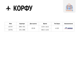КОРФУ
Рейс Аэропорт Дни вылета Время Тип борта Авиакомпания
A3 977 DME - CFU
СР, СБ
12:35 - 16:15
A-320
A3 976 CFU - DME 08:25 - 11:45
 