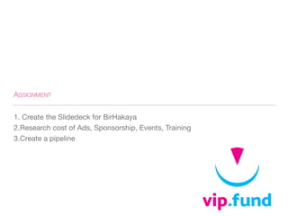 ASSIGNMENT
1. Create the Slidedeck for BirHakaya
2.Research cost of Ads, Sponsorship, Events, Training
3.Create a pipeline