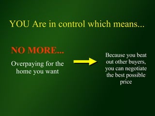 NO MORE... Overpaying for the home you want Because you beat out other buyers, you can negotiate the best possible price YOU Are in control which means... 