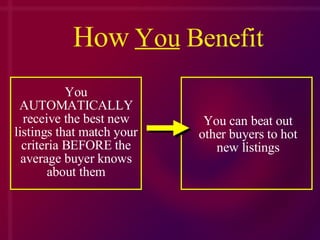 You AUTOMATICALLY receive the best new listings that match your criteria BEFORE the average buyer knows about them You can beat out other buyers to hot new listings How   You  Benefit 