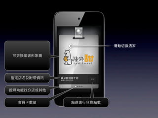 滑動切換店家

可更換業者形象圖




指定店名及附帶資訊


搜尋功能找分店或其他


  會員卡數量      點選進行兌換點數
 