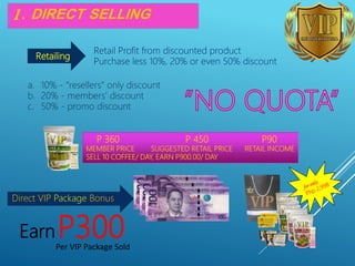 1. DIRECT SELLING
Retailing
Retail Profit from discounted product
Purchase less 10%, 20% or even 50% discount
a. 10% - “resellers” only discount
b. 20% - members’ discount
c. 50% - promo discount
P 360 P 450 P90
MEMBER PRICE SUGGESTED RETAIL PRICE RETAIL INCOME
SELL 10 COFFEE/ DAY, EARN P900.00/ DAY
EarnP300Per VIP Package Sold
Direct VIP Package Bonus
 