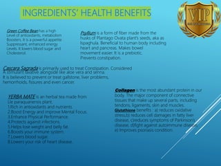 Cascara Sagrada is primarily used to treat Constipation. Considered
A stimulant laxative alongside like aloe vera and senna.
It is believed to prevent or treat gallstone, liver problems,
hemorrhoids, fissures and even cancer.
Psyllium is a form of fiber made from the
husks of Plantago Ovata plant’s seeds, aka as
Ispaghula. Beneficial to human body including
heart and pancreas. Makes bowel
movement easier. It is a prebiotic.
Prevents constipation.
Collagen is the most abundant protein in our
body. The major component of connective
tissues that make up several parts, including
tendons, ligaments, skin and muscles.
Glutathione benefits : a) reduces oxidative
stress,b) reduces cell damages in fatty liver
disease, c)reduces symptoms of Parkinson’s
disease, d)fight against autoimmune disease,
e) Improves psoriasis condition.
YERBA MATE is an herbal tea made from
Lle paraquariensis plant.
1.Rich in antioxidants and nutrients.
2.Boost Energy and improve Mental Focus.
3.Enhance Physical Performance.
4.Protects against infections.
5.Helps lose weight and belly fat.
6.Boosts your immune system.
7.Lowers blood sugar.
8.Lowers your risk of heart disease.
Green Coffee Bean has a high
Level of antioxidants, metabolism
Boosters. It is a powerful appetite
Suppressant, enhanced energy
Levels. It lowers blood sugar and
Cholesterol.
INGREDIENTS’ HEALTH BENEFITS
 