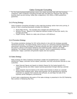 Calico Computer Consulting
   For the home business/small business owner who needs technical help with their business
   computers, Calico Computer Consulting provides fast and effective response that gets the
   business bac k up and running. Unlike [key competition], CCC offers a 100% satisfac tion
   guarantee.



5.4.3 Pricing Strategy
   Calico Computer Consulting will adopt a price matching strategy rather than entry pricing. A
   survey of loc al consulting businesses revealed the following:

       ·   Hourly Rate Pricing - The average price charged was $75.00 per hour.
       ·   Retainer Pricing - Based on the expec ted minimum number of hours per month, the
           average was $150.
       ·   Project Pricing - Based on a daily rate (8 hours x $75.00/hour)



5.4.4 Promotion Strategy
   The primary promotion strategy for CCC will be directly in line with the strategy pyramids
   mentioned previously. The lead strategy will be to foc us on cultivating existing relationships,
   using known networking techniques to develop referrals and new customer leads. Added to
   this will be a blend of web based marketing and traditional public relations and media
   marketing. The ultimate promotion strategy, however, will be in guaranteeing customer
   satisfac tion: happy customers will generate repeat and new business.



5.5 Sales Strategy
   Sales strategy for Calico Computer Consulting is simple and straightforward: customer
   satisfac tion! Happy customers will be repeat customers, and they will provide referrals to new
   customers.

       ·   Sales forecast figures are based on industry figures for the typical growth of a
           consulting startup and reflect repeat business generated through meeting customer
           needs.
       ·   Sales programs must be based on the notion that business is driven on c ustomer
           demand when problems arise. While some business can be generated by soliciting
           customers to upgrade their systems and software, by and large the bulk of the
           business will be emergency technical aid.

   A much more comprehensive disc ussion of the sales strategy is presented in the CCC Marketing
   Plan (written in Marketing Plan Pro).




                                                                                                Page 14
 