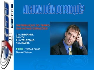 DISTRIBUIÇÃO DO TEMPO DAS NOVAS GERAÇÕES! 33% INTERNET. 26% TV. 21% TELEFONO. 15% RADIO.  Fonte   – TERRA É PLANA Thomas Friedman   ALGUMA IDÉIA DO PORQUÊ? 