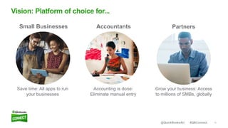 13#QBConnect@QuickBooksAU
Vision: Platform of choice for...
Small Businesses Accountants Partners
Save time: All apps to run
your businesses
Accounting is done:
Eliminate manual entry
Grow your business: Access
to millions of SMBs, globally
 