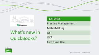 #QBConnect@QuickBooksAU
FEATURES
Practice Management
MatchMaking
GST
OCR
First Time Use
What’s new in
QuickBooks?
 