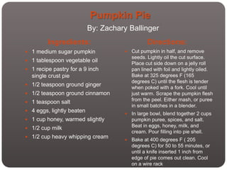 Pumpkin Pie
                           By: Zachary Ballinger
         Ingredients:                            Directions:
 1 medium sugar pumpkin                 Cut pumpkin in half, and remove
                                          seeds. Lightly oil the cut surface.
 1 tablespoon vegetable oil
                                          Place cut side down on a jelly roll
 1 recipe pastry for a 9 inch            pan lined with foil and lightly oiled.
  single crust pie                        Bake at 325 degrees F (165
                                          degrees C) until the flesh is tender
 1/2 teaspoon ground ginger
                                          when poked with a fork. Cool until
 1/2 teaspoon ground cinnamon            just warm. Scrape the pumpkin flesh
 1 teaspoon salt
                                          from the peel. Either mash, or puree
                                          in small batches in a blender.
 4 eggs, lightly beaten
                                         In large bowl, blend together 2 cups
 1 cup honey, warmed slightly            pumpkin puree, spices, and salt.
 1/2 cup milk
                                          Beat in eggs, honey, milk, and
                                          cream. Pour filling into pie shell.
 1/2 cup heavy whipping cream
                                         Bake at 400 degrees F ( 205
                                          degrees C) for 50 to 55 minutes, or
                                          until a knife inserted 1 inch from
                                          edge of pie comes out clean. Cool
                                          on a wire rack
 
