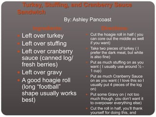 Turkey, Stuffing, and Cranberry Sauce
Sandwich
                     By: Ashley Pancoast
      Ingredients:                     Directions:
                              Cut the hoagie roll in half ( you
 Left over turkey               can core out the middle as well
 Left over stuffing             if you want)
                                Take two pieces of turkey ( I
 Left over cranberry            prefer the dark meat, but white
  sauce (canned log/             is also fine)
                                Put as much stuffing on as you
  fresh berries)                 want ( I usually use around ½ -
                                 1 cup)
 Left over gravy
                                Put as much Cranberry Sauce
 A good hoagie roll             on as you want ( I love this so I
  (long “football”               usually put 4 pieces of the log
                                 on)
  shape usually works           Put some Gravy on ( not too
  best)                          much though, you don’t want it
                                 to overpower everything else)
                                Cut the roll in half, you’ll thank
                                 yourself for doing this, and
 