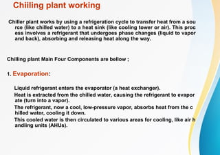 Chiiling plant working
Chiller plant works by using a refrigeration cycle to transfer heat from a sou
rce (like chilled water) to a heat sink (like cooling tower or air). This proc
ess involves a refrigerant that undergoes phase changes (liquid to vapor
and back), absorbing and releasing heat along the way.
Chilling plant Main Four Components are bellow ;
1. Evaporation:
Liquid refrigerant enters the evaporator (a heat exchanger).
Heat is extracted from the chilled water, causing the refrigerant to evapor
ate (turn into a vapor).
The refrigerant, now a cool, low-pressure vapor, absorbs heat from the c
hilled water, cooling it down.
This cooled water is then circulated to various areas for cooling, like air h
andling units (AHUs).
 