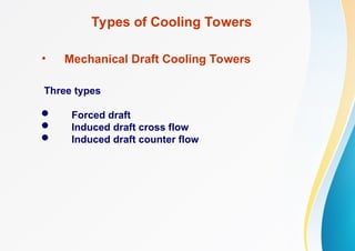 Types of Cooling Towers
• Mechanical Draft Cooling Towers
Three types
 Forced draft
 Induced draft cross flow
 Induced draft counter flow
 