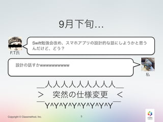 Swift勉強会改め、スマホアプリの設計的な話にしようかと思う 
んだけど、どう？ 
Copyright © Classmethod, Inc. 
9月下旬… 
5 
F.T氏 
私 
設計の話すかwwwwwwwwww 
＿人人人人人人人人人＿ 
＞　突然の仕様変更　＜ 
‾Y^Y^Y^Y^Y^Y^Y^Y‾ 
 