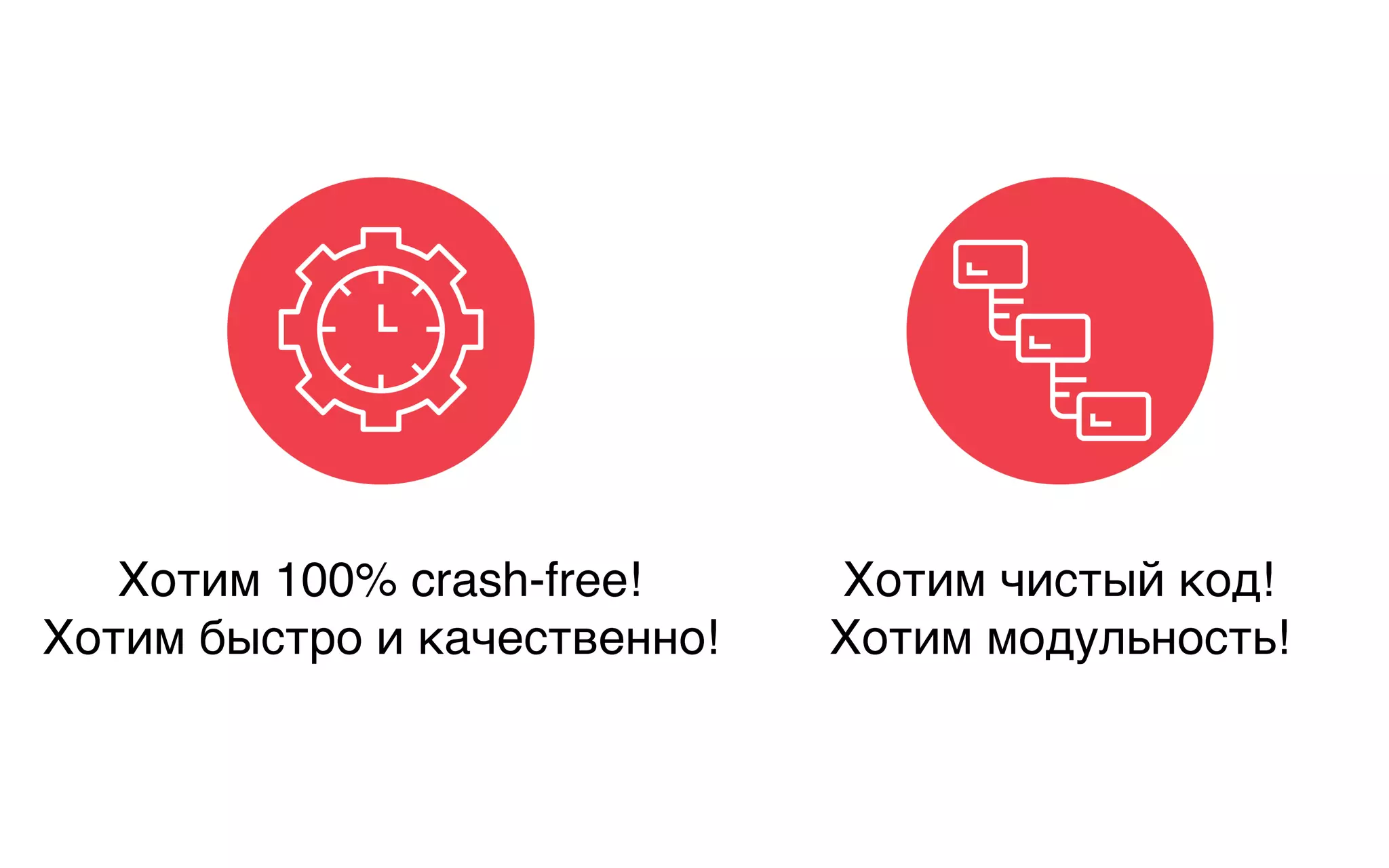 Хотим 100% crash-free!
Хотим быстро и качественно!
Хотим чистый код!
Хотим модульность!
 