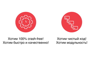 Хотим 100% crash-free!
Хотим быстро и качественно!
Хотим чистый код!
Хотим модульность!
 