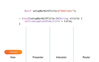 - (void)viewDidLoad {
[super viewDidLoad];
}
[self setupBarWithTitle:@"#mbltdev"];
- (void)setupBarWithTitle:(NSString *)title {
self.navigationItem.title = title;
}
View Presenter Interactor Router
Lifecycle
 