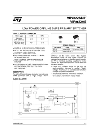 VIPer22ADIP
                ®
                                                                                                           VIPer22AS

                    LOW POWER OFF LINE SMPS PRIMARY SWITCHER
TYPICAL POWER CAPABILITY
      Mains type                    SO-8                DIP-8
       European
                                    12 W                20 W
    (195 - 265 Vac)
    US / Wide range                                                                         SO-8                  DIP-8
                                    7W                  12 W
     (85 - 265 Vac)
                                                                                                   ORDER CODES
                                                                                    PACKAGE           TUBE           T&R
n   FIXED 60 KHZ SWITCHING FREQUENCY
                                                                                SO-8               VIPer22AS   VIPer22AS13TR
n   9V TO 38V WIDE RANGE VDD VOLTAGE                                            DIP-8              VIPer22ADIP -
n   CURRENT MODE CONTROL
n   AUXILIARY UNDERVOLTAGE LOCKOUT                                         MOSFET on the same silicon chip. Typical
    WITH HYSTERESIS                                                        applications cover off line power supplies for
n HIGH VOLTAGE START UP CURRENT                                            battery charger adapters, standby power supplies
                                                                           for TV or monitors, auxiliary supplies for motor
    SOURCE                                                                 control, etc. The internal control circuit offers the
n OVERTEMPERATURE, OVERCURRENT AND                                         following benefits:
    OVERVOLTAGE PROTECTION WITH                                            – Large input voltage range on the VDD pin
    AUTORESTART                                                               accommodates changes in auxiliary supply
                                                                              voltage. This feature is well adapted to battery
DESCRIPTION                                                                   charger adapter configurations.
The VIPer22A combines a dedicated current mode                             – Automatic burst mode in low load condition.
PWM controller with a high voltage Power                                   – Overvoltage protection in hiccup mode.

BLOCK DIAGRAM

                                                                                                                    DRAIN




                                           ON/OFF
                                                                      60kHz
                          REGULATOR                                 OSCILLATOR




                           INTERNAL                                                  PWM
                                                                           S        LATCH
                            SUPPLY                  OVERTEMP.
                                                                    R1     FF   Q
                                                    DETECTOR
                                                                     R2 R3 R4


           VDD                  _                                                                    +
                                                                                     BLANKING
                      8/14.5V                                                                        _   0.23 V
                                +
                                                             OVERVOLTAGE
                                                                LATCH                                              230 Ω
                                                        R
                                +
                                                    S   FF   Q
                        42V     _

                                                                                                         1 kΩ
           FB



                                                                                                                   SOURCE




September 2002                                                                                                                 1/15
 
