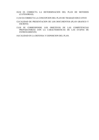 10) SI ES CORRECTA LA DETERMINACION DEL PLAN DE METODOS
    (CATEGORIAS).
11) SI ES CORRECTA LA CONCEPCION DEL PLAN DE TRABAJO EDUCATIVO
12) CALIDAD DE PRESENTACION DE LOS DOCUMENTOS (PLAN GRAFICO Y
    ESCRITO)
13) SI SE CORRESPONDE LOS OBJETIVOS DE LAS COMPETENCIAS
    PREPARATORIAS CON LA CARACTERISTICAS DE LAS ETAPAS DE
    ENTRENAMIENTO.
14) CALIDAD EN LA DEFENSA Y EXPOSICION DEL PLAN.
 