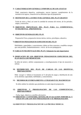 3) CARACTERIZACION GENERAL E INDIVIDUAL DE LOS ATLETAS

      Edad, experiencia deportiva, continuantes, nuevos ingresos, cumplimientos de la
      normativa de ingreso, situación de los diferentes tipos de preparación.

4) DEFINICION DE LA ESTRUCTURA GENERAL DEL PLAN GRAFICO

      Fecha de inicio y final, así como la cantidad de semanas del mismo, de los periodos,
      etapas y mesociclos.

5) OBJETIVOS PRINCIPALES DEL                       PLAN     PARA      LA    COMPETENCIA
   FUNDAMENTAL (PRONOSTICO).


6) OBJETIVOS GENERALES DEL PLAN

      Preparación Física, preparación técnica táctica, teórica, psicológica, educativa.

7) OBJETIVOS PEDAGOGICOS ESPECIFICOS DEL PLAN

  Habilidades, capacidades y conocimientos, deben ser bien concretos y medibles siempre
  que sean posibles, fundamentalmente a través de los test pedagógicos.

8) TAREAS FUNDAMENTALES DEL PLAN ( Solamente las más importantes)


9) DERIVACION DE LOS OBJETIVOS PEDAGOGICOS ESPECIFICOS DEL
   PLAN HACIA LOS MESOCICLOS.

  Se debe de incluir y definir conjuntamente y cronológicamente el tipo de mesociclo a
  utilizar.


10)     DISTRIBUCION DEL              PLAN      DE    CARGAS        EN     LAS    DISTINTAS
        PREPARACIONES

  Debe recoger si hubiera el incremento en % del plan de cargas y distribución de este
  en las distintas capacidades, habilidades y conocimientos.

11)     METODOS DE ENTRENAMIENTO A UTILIZAR EN EL MACROCICLO.

      Se debe señalar los métodos que predomina en cada etapa de preparación.


12)     OBJETIVOS Y PROGRAMACION                           DE     LAS      COMPETENCIAS
        PREPARATORIAS

    Fecha, lugar, objetivos y posibles adversarios.
13) OBJETIVOS Y CONTENIDO, SISTEMA DE EVALUACION INDIVIDUAL Y
    COLECTIVA DE LOS TEST PEDAGOGICOS Y SU PROGRAMACION.


14) OBJETIVOS Y PROGRAMACION DE LAS PRUEBAS MEDICAS.
 