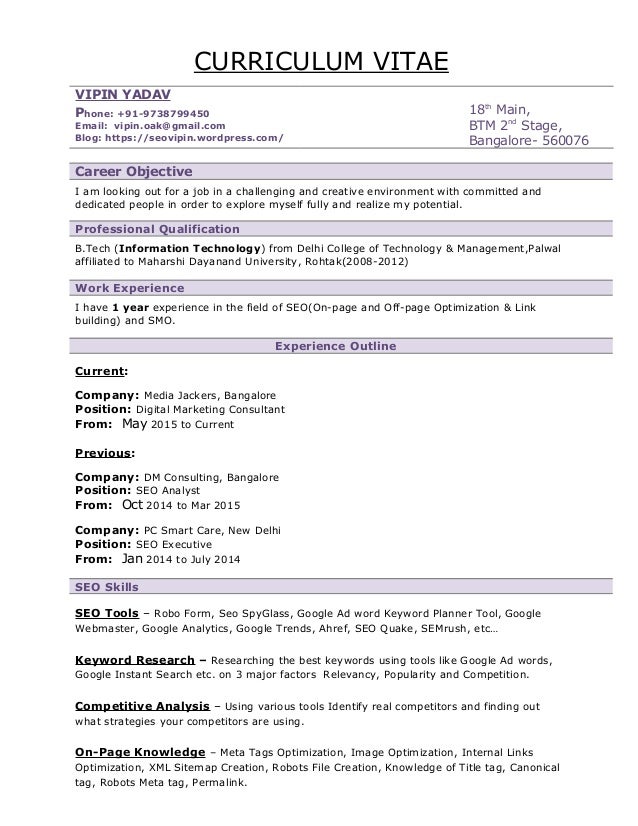 Vipin Seo Resume | Seo Resume Sample Format