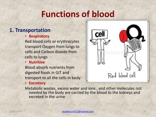 Functions of blood
1. Transportation
• Respiratory
Red blood cells or erythrocytes
transport Oxygen from lungs to
cells an...