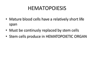 HEMATOPOIESIS
• Mature blood cells have a relatively short life
span
• Must be continusly replaced by stem cells
• Stem ce...