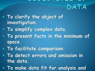 To clarify the object of
investigation.
 To simplify complex data.
 To present facts in the minimum of
space.
 To facilitate comparison.
 To detect errors and omission in
the data.
 To make data fit for analysis and
 