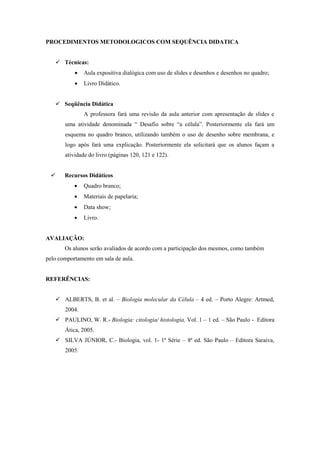 PROCEDIMENTOS METODOLOGICOS COM SEQUÊNCIA DIDATICA


    Técnicas:
               Aula expositiva dialógica com uso de slides e desenhos e desenhos no quadro;
               Livro Didático.


    Seqüência Didática
               A professora fará uma revisão da aula anterior com apresentação de slides e
       uma atividade denominada “ Desafio sobre “a célula”. Posteriormente ela fará um
       esquema no quadro branco, utilizando também o uso de desenho sobre membrana, e
       logo após fará uma explicação. Posteriormente ela solicitará que os alunos façam a
       atividade do livro (páginas 120, 121 e 122).


      Recursos Didáticos
               Quadro branco;
               Materiais de papelaria;
               Data show;
               Livro.


AVALIAÇÃO:
       Os alunos serão avaliados de acordo com a participação dos mesmos, como também
pelo comportamento em sala de aula.


REFERÊNCIAS:


    ALBERTS, B. et al. – Biologia molecular da Célula – 4 ed. – Porto Alegre: Artmed,
       2004.
    PAULINO, W. R.- Biologia: citologia/ histologia, Vol. 1 – 1 ed. – São Paulo - Editora
       Ática, 2005.
    SILVA JÚNIOR, C.- Biologia, vol. 1- 1ª Série – 8ª ed. São Paulo – Editora Saraiva,
       2005.
 