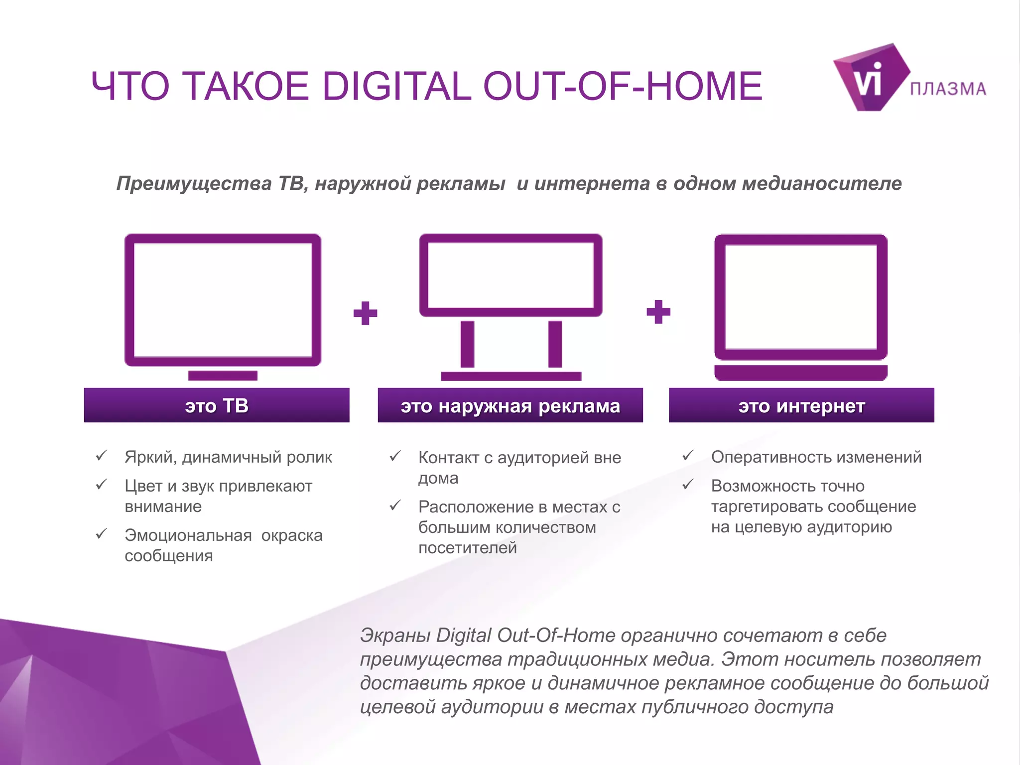 ЧТО ТАКОЕ DIGITAL OUT-OF-HOME
Преимущества ТВ, наружной рекламы и интернета в одном медианосителе

это ТВ
 Яркий, динамичный ролик
 Цвет и звук привлекают
внимание
 Эмоциональная окраска
сообщения

это наружная реклама
 Контакт с аудиторией вне
дома
 Расположение в местах с
большим количеством
посетителей

это интернет
 Оперативность изменений
 Возможность точно
таргетировать сообщение
на целевую аудиторию

Экраны Digital Out-Of-Home органично сочетают в себе
преимущества традиционных медиа. Этот носитель позволяет
доставить яркое и динамичное рекламное сообщение до большой
целевой аудитории в местах публичного доступа

 