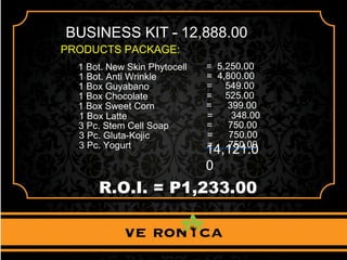 1 Bot. New Skin Phytocell
BUSINESS KIT -
PRODUCTS PACKAGE:
- 12,888.00
= 5,250.00
1 Bot. Anti Wrinkle = 4,800.00
1 Box Guyabano = 549.00
1 Box Chocolate = 525.00
1 Box Sweet Corn = 399.00
3 Pc. Stem Cell Soap = 750.00
3 Pc. Gluta-Kojic = 750.00
3 Pc. Yogurt = 750.00
1 Box Latte = 348.00
14,121.0
0
R.O.I. = P1,233.00
 