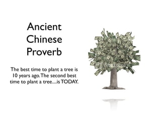 Ancient
       Chinese
       Proverb
The best time to plant a tree is
 10 years ago. The second best
time to plant a tree....is TODAY.
 