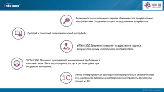  2014, ОАО «ИнфоТеКС».
Возможность за считанные секунды обмениваться документами с
контрагентами. Надежная защита передаваемых документов.
Простой и понятный пользовательский интерфейс.
ViPNet ЭДО Документ позволяет осуществлять подпись
документов между несколькими контрагентами.
ViPNet ЭДО Документ предъявляет минимальные требования к
каналам связи. Вы всегда получите доступ к системе даже при
отсутствии интернета.
Легко интегрироваться со сторонним программным обеспечением
(1С, например). Возможно автоматически отправлять документы
прямо из 1С.
 