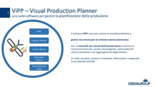 ViPP – Visual	Production	Planner
una	suite	software	per	gestire	la	pianificazione	della	produzione	
4
MPS
Capacity Planner
Control	Board
Shop	Floor
Control
Visual	Stock	on	
Hand
Il	Software	ViPP nasce	per	aiutare	le	aziende	produttive	a	
gestire	ed	armonizzare	le	richieste	esterne	(domanda)	
con		le	necessità	ed	i	vincoli	dell’azienda	stessa	in	termini	di	
risorse	(economiche,	umane,	tecnologiche),	potenzialità	del	
sistema	produttivo	e	di	raggiungimento	degli	obiettivi	
in	modo	semplice,	intuitivo e	modulare,	affiancando	e	integrando	
le	funzionalità	dell’ERP
 