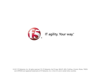 © 2011 F5 Networks, Inc. All rights reserved. F5, F5 Networks, the F5 logo, BIG-IP, ARX, FirePass, iControl, iRules, TMOS,
  and VIPRION are registered trademarks of F5 Networks, Inc. in the U.S. and in certain other countries
 