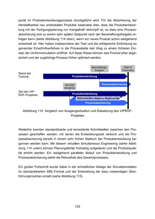 punkt im Produktentwicklungsprozess durchgeführt wird. Für die Absicherung der
Herstellbarkeit neu entwickelter Produkte bedeutete dies, dass die Produktentwick-
lung mit der Fertigungsplanung nur mangelhaft verknüpft ist, so dass eine Prozess-
absicherung erst zu einem sehr späten Zeitpunkt nach der Beschaffungsfreigabe er-
folgen kann (siehe Abbildung 114 oben), wenn ein neues Produkt schon weitgehend
entwickelt ist. Hier haben insbesondere der Test und die erfolgreiche Einbindung so
genannter Einschrittverfahren in die Prozesskette den Weg zu einem früheren Ein-
satz der Umformsimulation eröffnet. Auf diese Weise können das Produkt eher abge-
sichert und der zugehörige Prozess früher optimiert werden.




Stand der
Technik:




Ziel des VIP-
ROF-Projektes:




   Abbildung 114: Vergleich von Ausgangssituation und Zielsetzung des VIPROF-
                                    Projektes



Weiterhin konnten standardisierte und konsistente Schnittstellen zwischen den Pro-
zessen geschaffen werden, mit denen die Entwicklungszeit verkürzt und die Pro-
zessabsicherung bereits in einem sehr frühen Stadium der Produktentwicklung be-
gonnen werden kann. Mit diesem virtuellen Simultaneous Engineering (siehe Abbil-
dung 114 unten) können Planungsfehler frühzeitig aufgedeckt und die Produktquali-
tät erhöht werden. Ein weitgehend paralleler Ablauf von Produktentwicklung und
Prozessabsicherung stärkt die Robustheit des Gesamtprozesses.

Ein großer Fortschritt wurde dabei in der einheitlichen Ablage der Simulationsdaten
im standardisierten XML-Format und der Entwicklung der dazu notwendigen Über-
führungsroutinen erzielt (siehe Abbildung 115).




                                       122
 