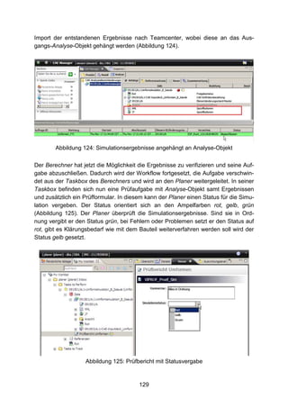 Import der entstandenen Ergebnisse nach Teamcenter, wobei diese an das Aus-
gangs-Analyse-Objekt gehängt werden (Abbildung 124).




        Abbildung 124: Simulationsergebnisse angehängt an Analyse-Objekt

Der Berechner hat jetzt die Möglichkeit die Ergebnisse zu verifizieren und seine Auf-
gabe abzuschließen. Dadurch wird der Workflow fortgesetzt, die Aufgabe verschwin-
det aus der Taskbox des Berechners und wird an den Planer weitergeleitet. In seiner
Taskbox befinden sich nun eine Prüfaufgabe mit Analyse-Objekt samt Ergebnissen
und zusätzlich ein Prüfformular. In diesem kann der Planer einen Status für die Simu-
lation vergeben. Der Status orientiert sich an den Ampelfarben rot, gelb, grün
(Abbildung 125). Der Planer überprüft die Simulationsergebnisse. Sind sie in Ord-
nung vergibt er den Status grün, bei Fehlern oder Problemen setzt er den Status auf
rot, gibt es Klärungsbedarf wie mit dem Bauteil weiterverfahren werden soll wird der
Status gelb gesetzt.




                   Abbildung 125: Prüfbericht mit Statusvergabe



                                        129
 