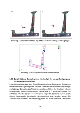 Abbildung 32: Laserschweißnähte (a) und MAG-Schweißnähte (b) der Baugruppe




               Abbildung 33: RPS-Spannpunkte der Messaufnahme


3.3.6 Sensitivität des Schweißverzugs hinsichtlich der aus der Fertigungshis-
      torie übertragenen Größen
In der Sensitivitätsanalyse zum Schweißverzug wurde der Einfluss des Übertragens
unterschiedlicher Ergebnisgrößen und des Einsatzes verschiedener Berechnungs-
methoden zur Simulation des Tiefziehens verglichen. Neben der Simulation mit dem
inkrementellen Berechnungsprogramm PAM-STAMP 2 G wurde der inverse Ein-
schrittlöser (Onestep-Solver) FTI FormingSuite eingesetzt. Betrachtet wurden jeweils
die drei Hauptbauteile, die entweder inkrementell oder invers simuliert wurden. Die
Zusatzbauteile wurden für die Umformung jeweils nur invers berechnet. Dazu wurde



                                        38
 