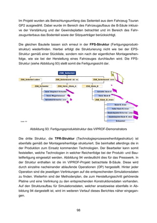 Im Projekt wurden als Betrachtungsumfang das Seitenteil aus dem Fahrzeug Touran
GP2 ausgewählt. Dabei wurde im Bereich des Fahrzeugaufbaus die B-Säule inklusi-
ve der Verstärkung und der Gewindeplatten betrachtet und im Bereich des Fahr-
zeugunterbaus das Bodenteil sowie der Sitzquerträger berücksichtigt.

Die gleichen Bauteile lassen sich erneut in der FPS-Struktur (Fertigungsprodukt-
struktur) wiederfinden. Hierbei erfolgt die Strukturierung nicht wie bei der EPS-
Struktur gemäß einer Stückliste, sondern rein nach der eigentlichen Montagereihen-
folge, wie sie bei der Herstellung eines Fahrzeuges durchlaufen wird. Die FPS-
Struktur (siehe Abbildung 93) stellt somit die Fertigungssicht dar.




        Abbildung 93: Fertigungsproduktstruktur des VIPROF-Demonstrators

Die dritte Struktur, die TPR-Struktur (Technologieprozessreihenfolgestruktur) ist
ebenfalls gemäß der Montagereihenfolge strukturiert. Sie beinhaltet allerdings die in
der Produktion zum Einsatz kommenden Technologien. Der Bearbeiter kann somit
feststellen, welche Technologien in welcher Reichenfolge bei der Produkt- und Bau-
teilfertigung eingesetzt werden. Abbildung 94 verdeutlicht dies für das Presswerk. In
der Struktur enthalten ist die im VIPROF-Projekt betrachtete B-Säule. Diese wird
durch einzelne nacheinander ablaufende Operationen (OP) hergestellt. Hinter jeder
Operation sind die jeweiligen Verlinkungen auf die entsprechenden Simulationsdaten
zu finden. Weiterhin sind der Methodenplan, die zum Herstellungsschritt gehörende
Platine und eine Verlinkung zu den entsprechenden Konstruktionsdaten vorhanden.
Auf den Strukturaufbau für Simulationsdaten, welcher ansatzweise ebenfalls in Ab-
bildung 94 dargestellt ist, wird im weiteren Verlauf dieses Berichtes näher eingegan-
gen.



                                         98
 