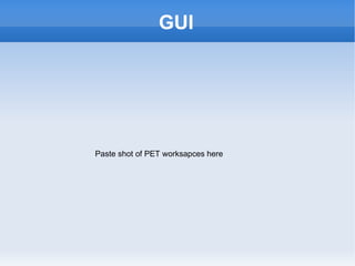 GUI Paste shot of PET worksapces here 