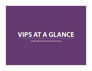 VIPS AT A GLANCE
Goals, Reach, Outcomes & Services
 