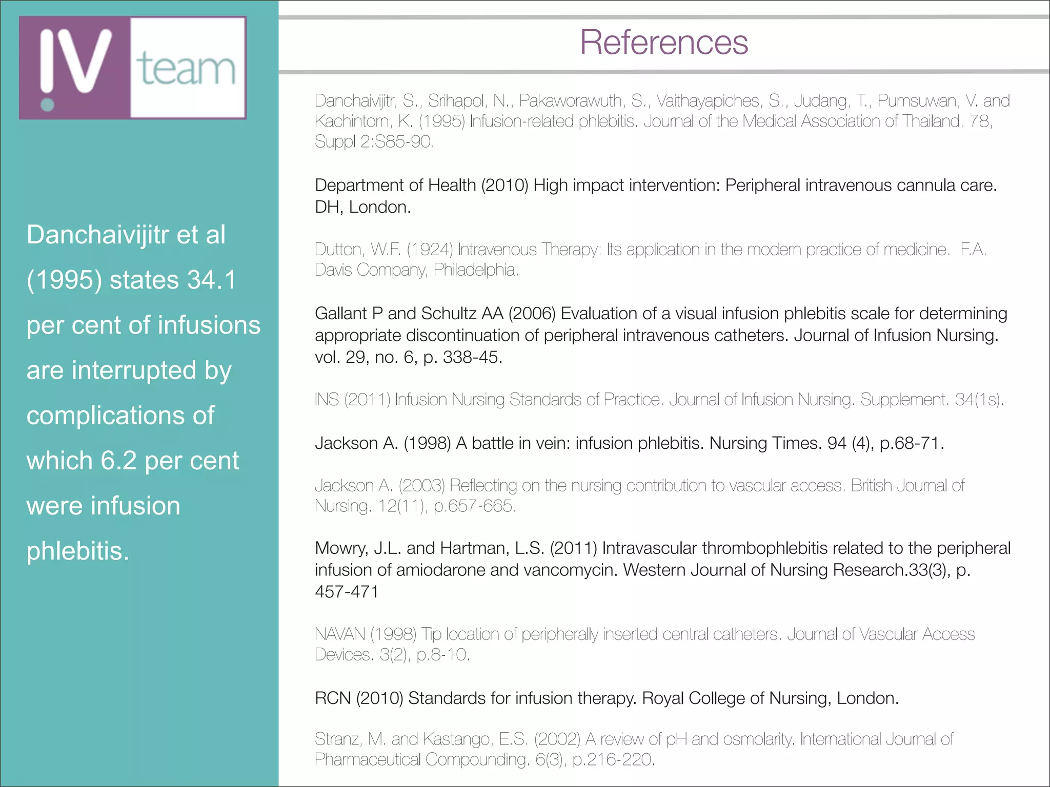 References
                        Danchaivijitr, S., Srihapol, N., Pakaworawuth, S., Vaithayapiches, S., Judang, T., Pumsuwan, V. and
                        Kachintorn, K. (1995) Infusion-related phlebitis. Journal of the Medical Association of Thailand. 78,
                        Suppl 2:S85-90.

                        Department of Health (2010) High impact intervention: Peripheral intravenous cannula care.
                        DH, London.
Danchaivijitr et al     Dutton, W.F. (1924) Intravenous Therapy: Its application in the modern practice of medicine. F.A.
                        Davis Company, Philadelphia.
(1995) states 34.1
                        Gallant P and Schultz AA (2006) Evaluation of a visual infusion phlebitis scale for determining
per cent of infusions   appropriate discontinuation of peripheral intravenous catheters. Journal of Infusion Nursing.
                        vol. 29, no. 6, p. 338-45.
are interrupted by
                        INS (2011) Infusion Nursing Standards of Practice. Journal of Infusion Nursing. Supplement. 34(1s).
complications of
                        Jackson A. (1998) A battle in vein: infusion phlebitis. Nursing Times. 94 (4), p.68-71.
which 6.2 per cent
                        Jackson A. (2003) Reﬂecting on the nursing contribution to vascular access. British Journal of
were infusion           Nursing. 12(11), p.657-665.

phlebitis.              Mowry, J.L. and Hartman, L.S. (2011) Intravascular thrombophlebitis related to the peripheral
                        infusion of amiodarone and vancomycin. Western Journal of Nursing Research.33(3), p.
                        457-471

                        NAVAN (1998) Tip location of peripherally inserted central catheters. Journal of Vascular Access
                        Devices. 3(2), p.8-10.

                        RCN (2010) Standards for infusion therapy. Royal College of Nursing, London.

                        Stranz, M. and Kastango, E.S. (2002) A review of pH and osmolarity. International Journal of
                        Pharmaceutical Compounding. 6(3), p.216-220.
 