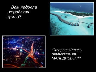 Вам надоела
 городская
суета?...




                Отправляйтесь
                отдыхать на
                МАЛЬДИВЫ!!!!!!!
 