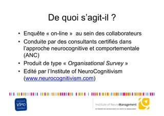 De quoi s’agit-il ?
•  Enquête « on-line » au sein des collaborateurs
•  Conduite par des consultants certifiés dans
   l’approche neurocognitive et comportementale
   (ANC)
•  Produit de type « Organisational Survey »
•  Edité par l’Institute of NeuroCognitivism
   (www.neurocognitivism.com)
 